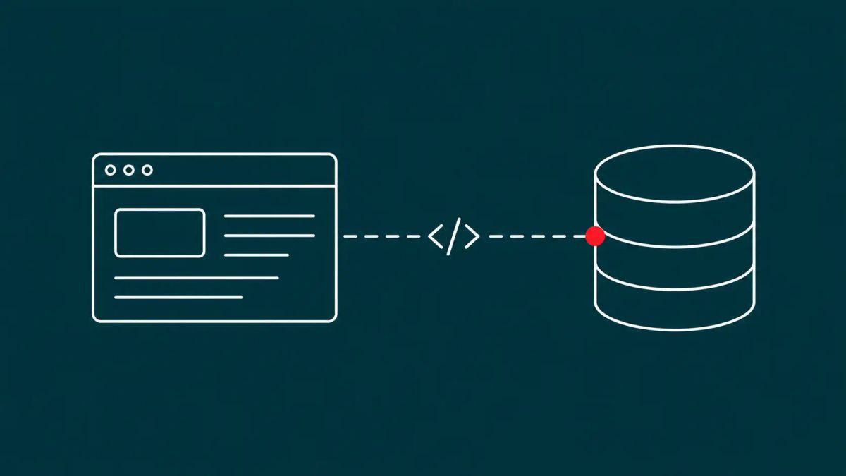 Line-art illustration of a database cylinder in isometric view on a deep ochre background, with one flat red dot accent.