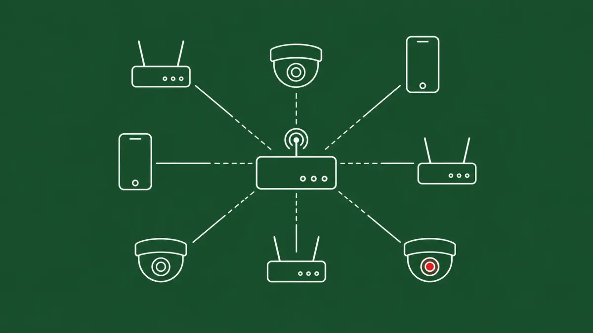 Line-art grid of small home-router, smart-camera, and smartphone icons connected by thin lines to a central hub; one icon by the hub carries a red dot.