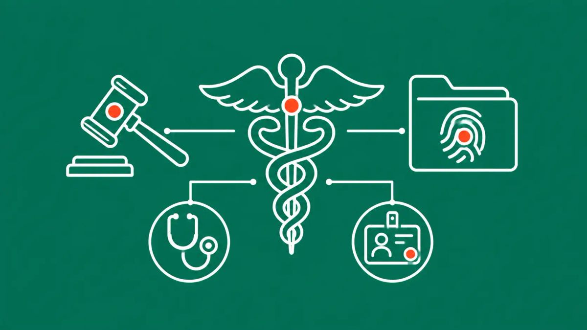 Emerald green background with a central white caduceus icon flanked by a gavel and a folder bearing a fingerprint, plus stethoscope and ID badge icons. Red-orange dots mark focal points.
