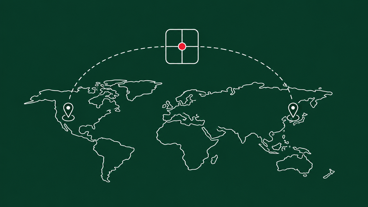 Line-art world map outline with two small flag pins and a small package box between them; the package carries a red dot.