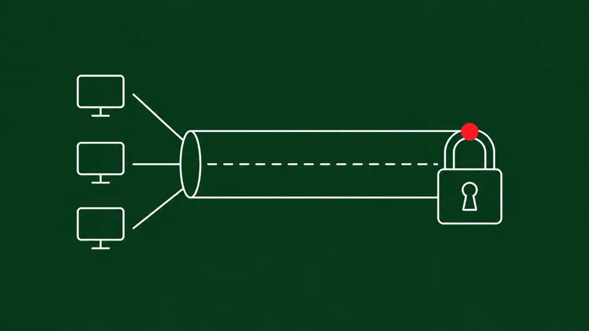 Line-art illustration of a small tunnel arch with a clean break on a deep forest-green background, with one flat red dot accent.