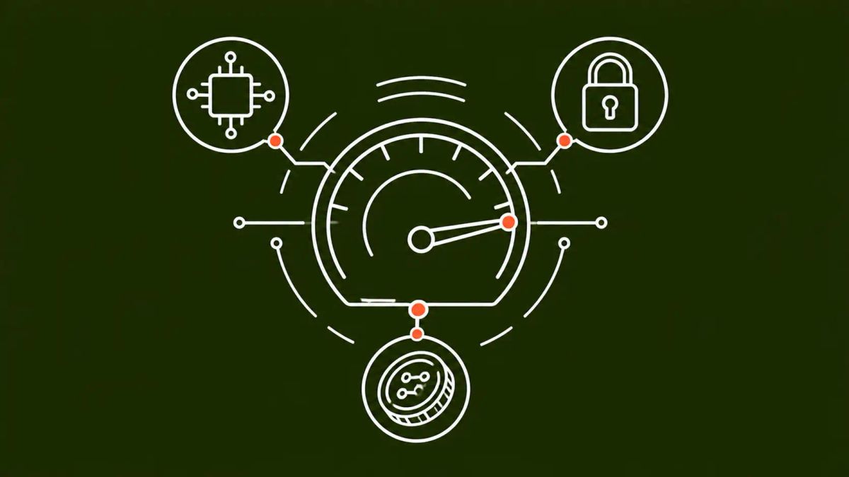 Speedometer needle pinned to maximum, surrounded by an AI chip, padlock, and coin icon. White line art on dark olive background with a red-orange accent dot at the needle tip.