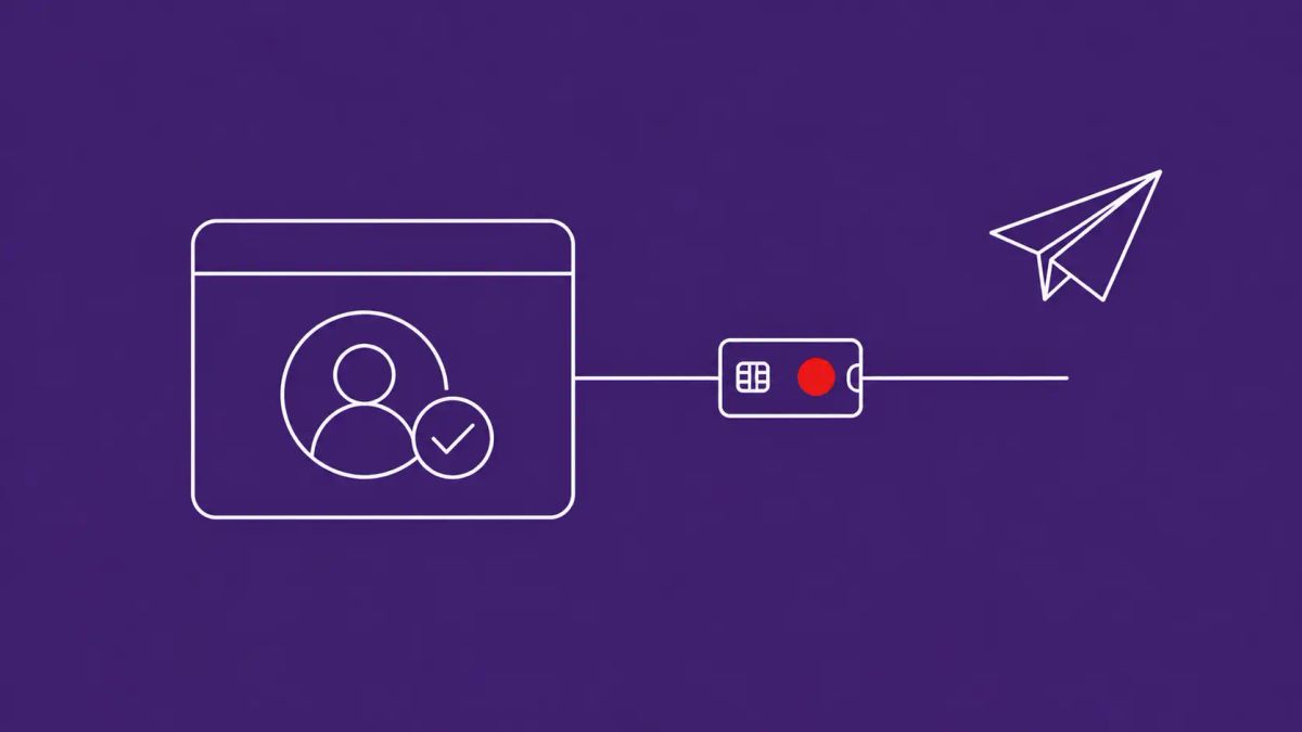 Line-art sign-in window with a user avatar and a check-mark badge; a thin line carries a token icon away to a paper-plane icon, one red dot on the token.