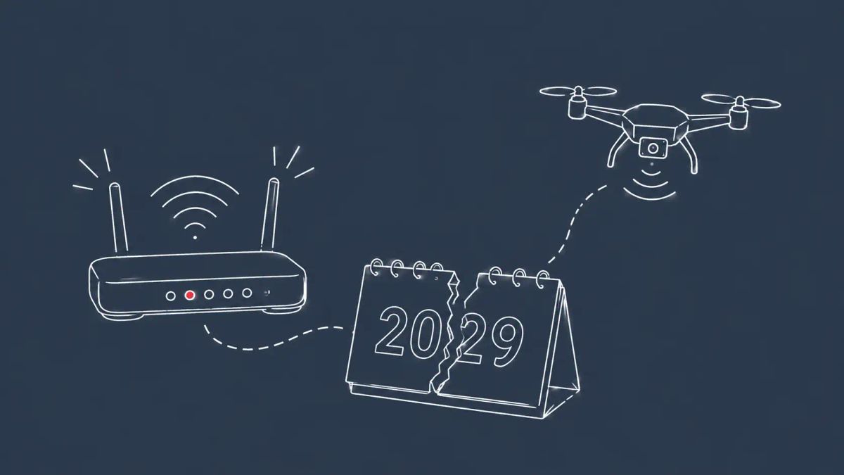 White line art on slate gray-blue: a wifi router with a 2029 calendar above it, a hovering drone, dashed signal lines. Red dot as the router status light.
