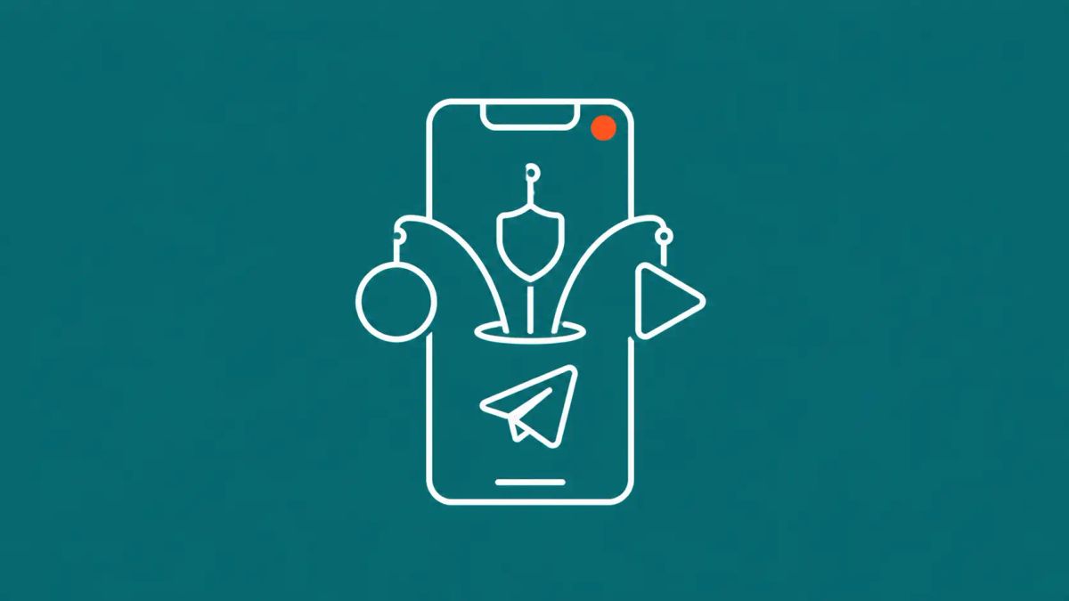 Minimalist white line art on teal showing a smartphone with a paper-airplane icon and three generic brand-shape silhouettes emerging from the screen, with a red accent dot.