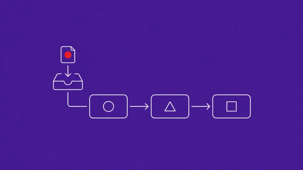 Line-art flowchart of three connected nodes with an inbox-and-arrow icon importing a file; the imported file carries a flat red dot.