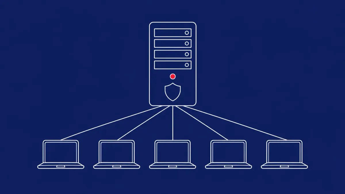 Line-art central server rack with connector lines fanning down to a row of small endpoint laptop icons; one flat red dot sits on the server.