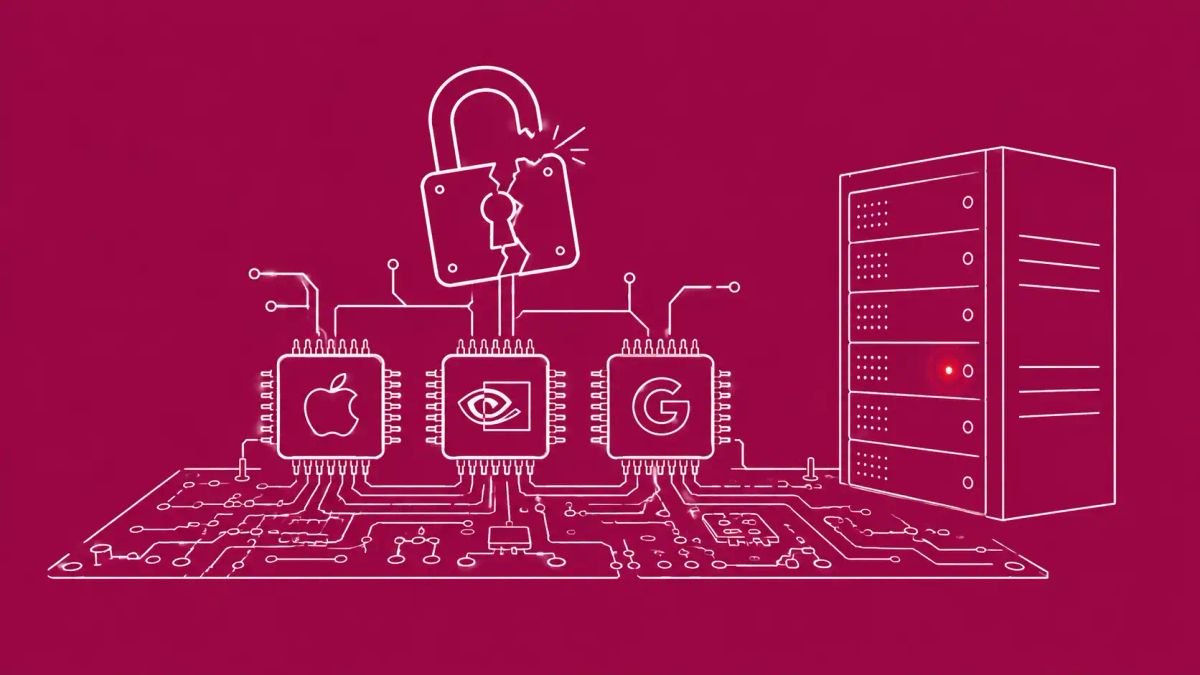 White line art on deep magenta: a circuit board with broken padlock, three connected chip silhouettes, server rack with red status light glowing.
