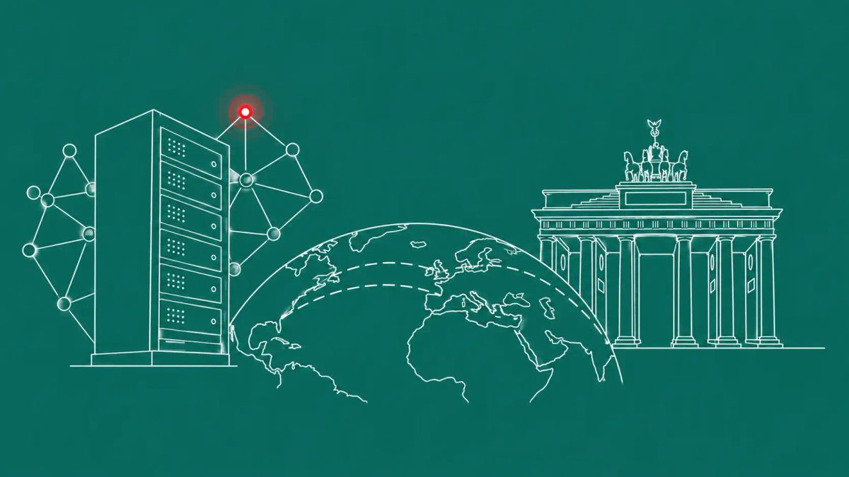 White line art on deep teal: server with neural-net glow, government silhouette, globe with tension lines. Red dot accent on alert beacon at center.