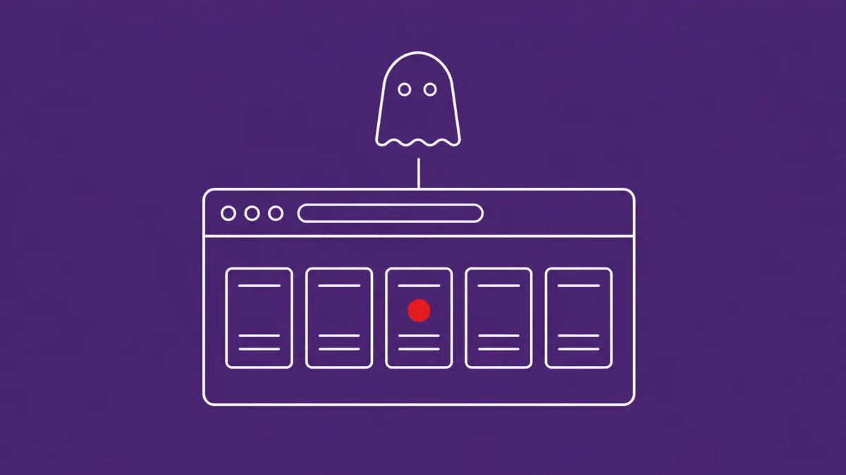 Line-art row of identical website-card icons inside a browser window, one card marked with a single flat red dot.