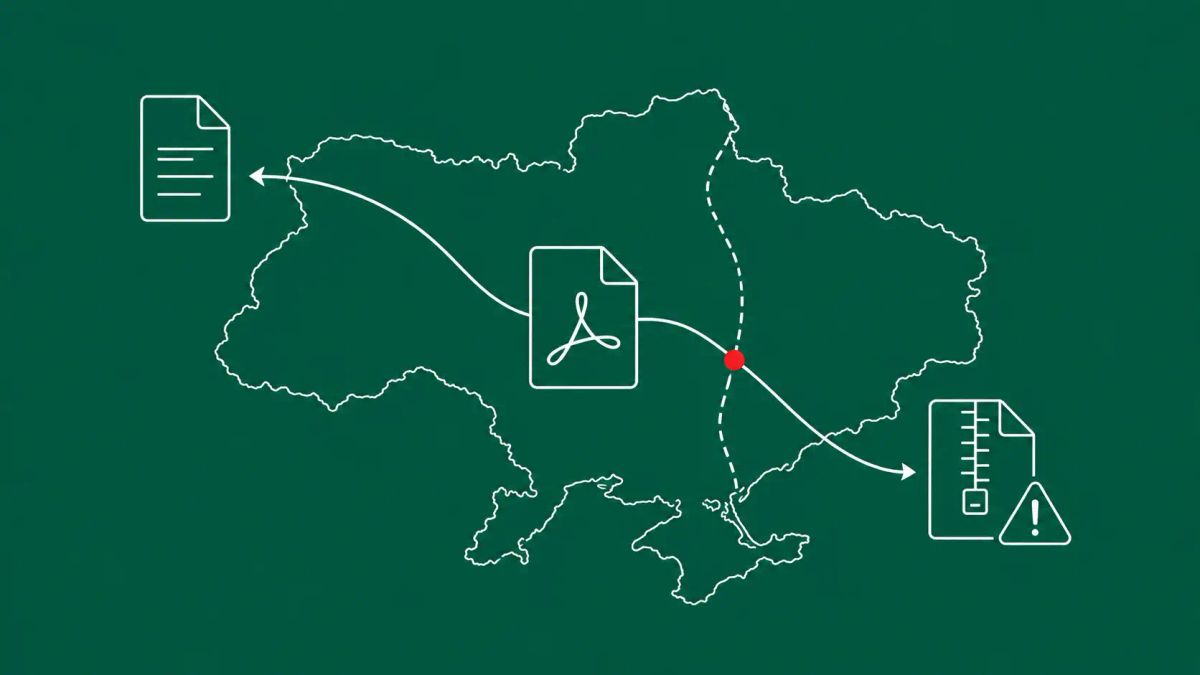 Line art on evergreen: a PDF document splitting into two paths over a map of Ukraine — one benign, one malicious RAR archive. Red dot accent on the geofence boundary.