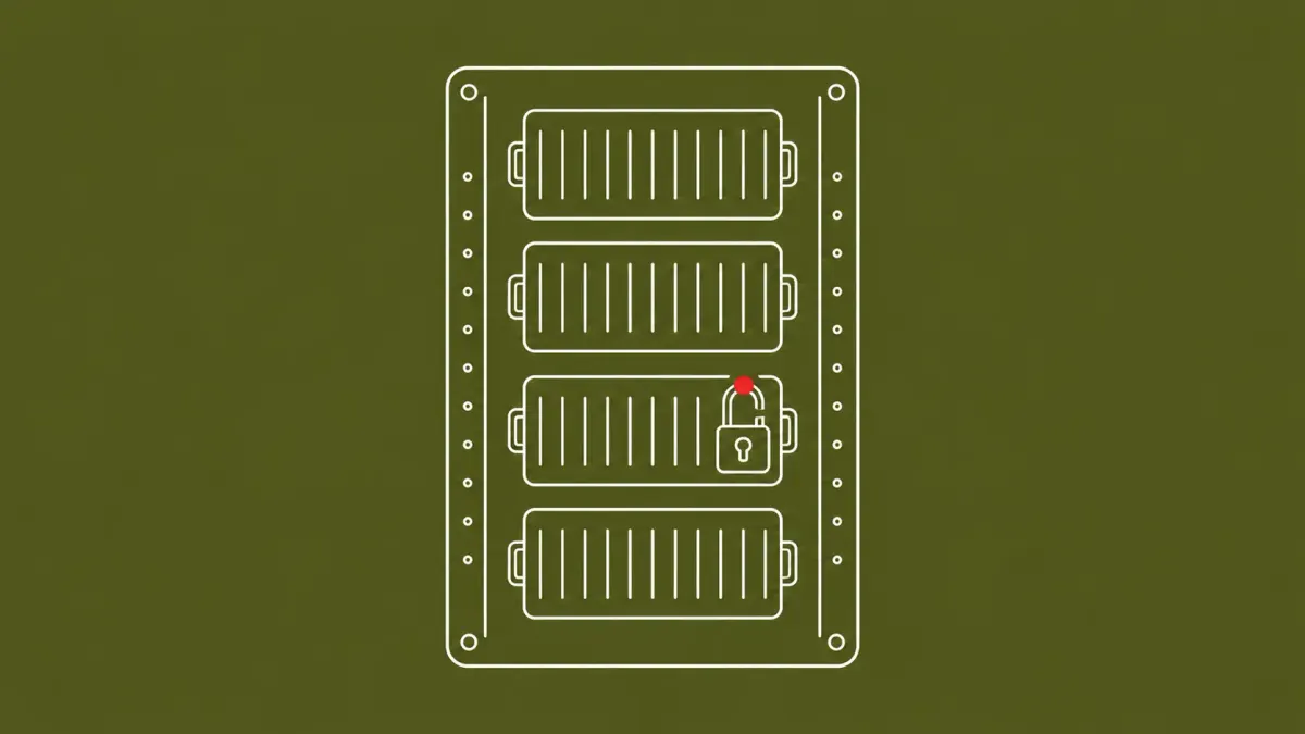 Line-art server rack holding stacked container boxes, one container's padlock hanging open and carrying a single flat red dot at its shackle.