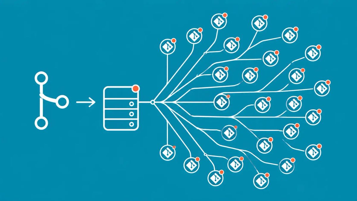 A git push arrow entering a server node with lines branching to dozens of repository icons representing cross-tenant access. White line art on electric teal background with red-orange dots.