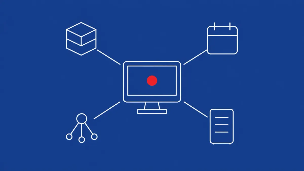 Line-art computer at the center of four connected nodes — a blockchain block, a calendar tile, a torrent-share icon, and a server tower; the central computer carries a red dot.