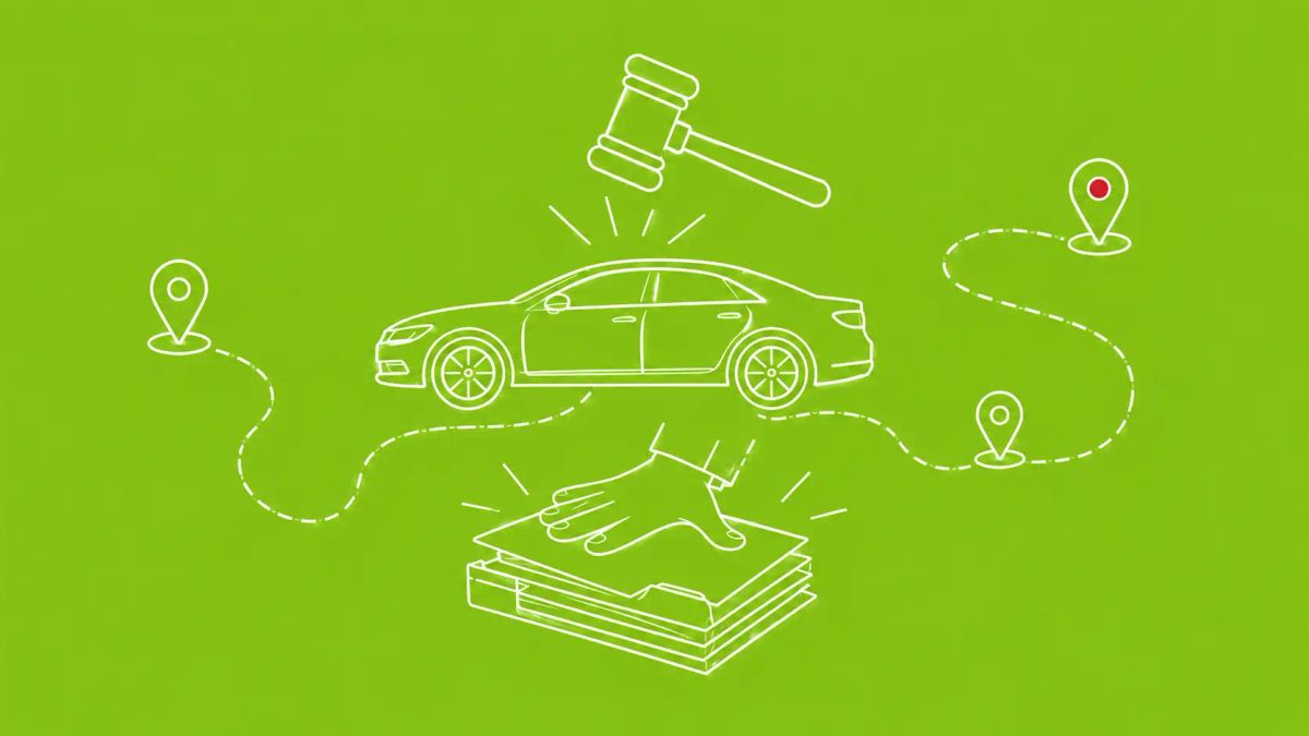 White line art on chartreuse: a car with dashed GPS location lines, a gavel hovering above, a stack of files being closed, and a small red dot accent.