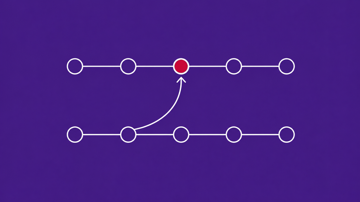 Line-art Git branch diagram with two parallel rails, a pull-request arrow merging into a branch node, and a single flat red dot inside that node.