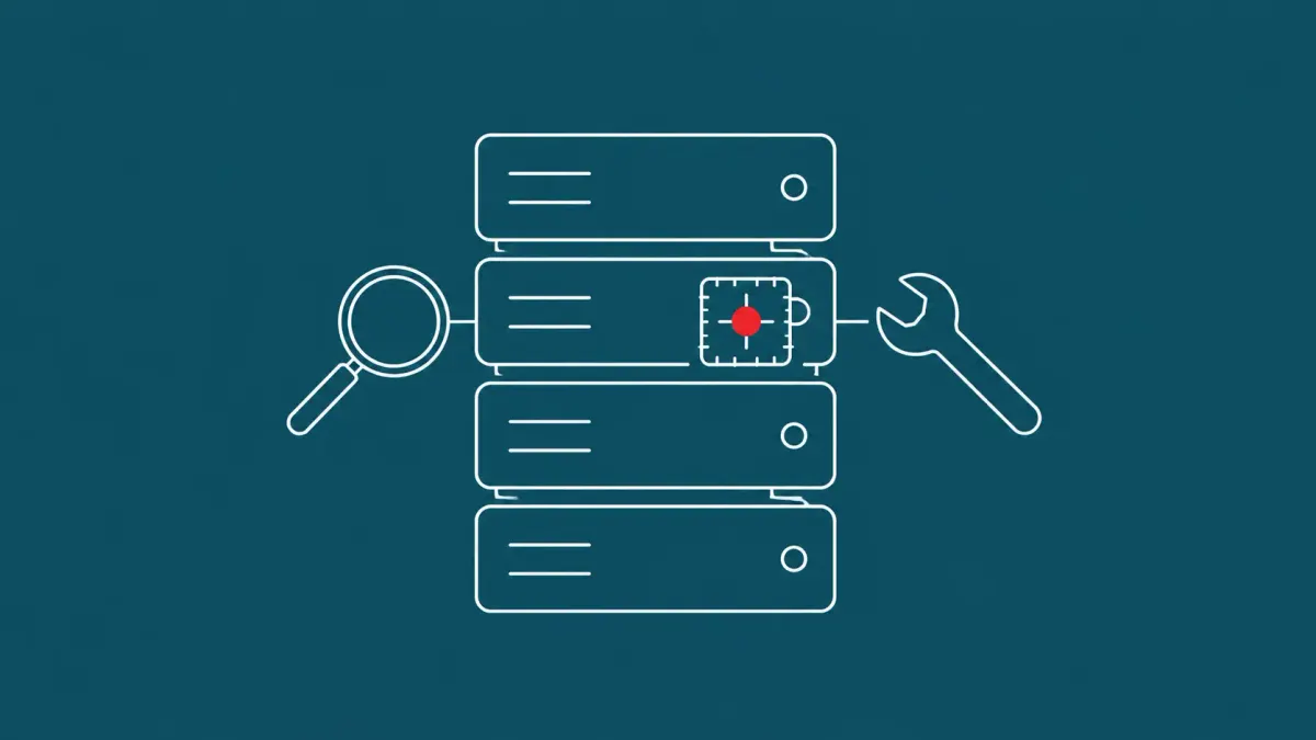 Line-art server stack inspected by a small magnifying lens, with a wrench applying a patch motif to one server; the patched server carries a red dot.