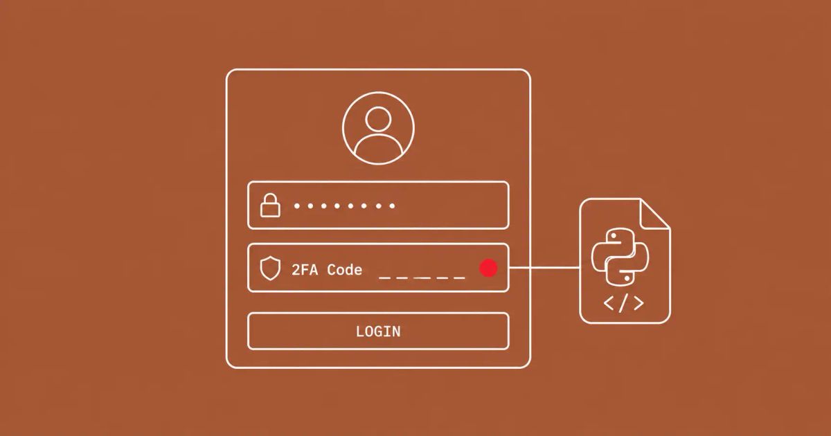 White line-art of a login screen with password and 2FA fields and a Python script icon on the 2FA gate, on copper background with one red dot.