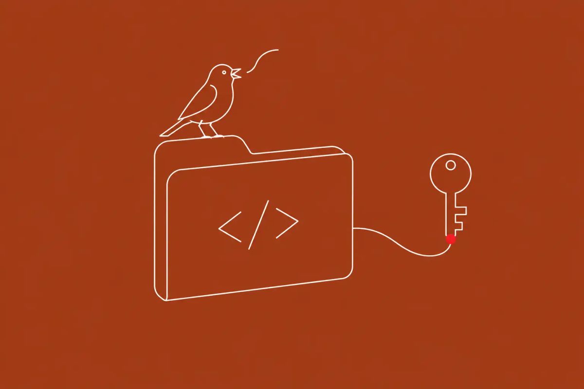 Line-art illustration of a folder icon with a key being extracted via a forked branch, depicting the Grafana pull_request_target Pwn Request breach.