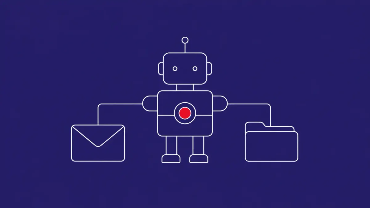 Line-art robot assistant figure beside a small envelope and a small file folder, all connected by thin lines; a red dot marks the robot's chest.