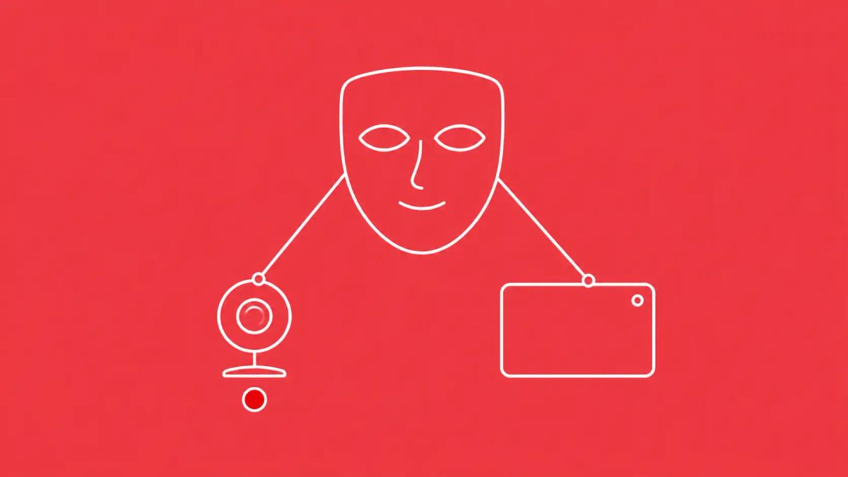 Minimalist white line art on coral: a theatrical face mask hovering above a webcam and a video-call window, with strings connecting the mask to both like a puppet.