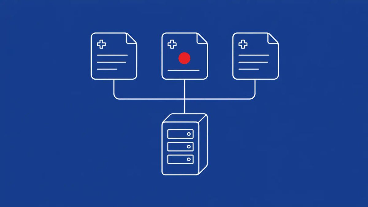Line-art illustration of three medical-record file cards linked by thin connector lines to a central vendor server; one card carries a single red dot.