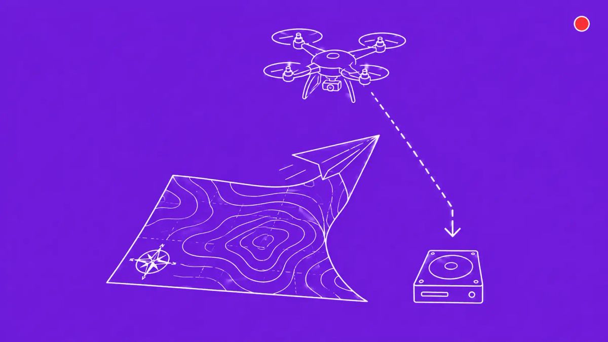 Topographic map with contour lines folding into a paper airplane at one corner, a quadcopter drone hovering above, a download arrow descending to a hard drive.