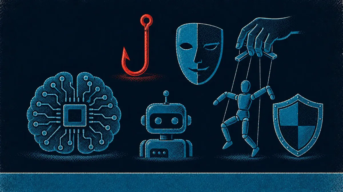 Editorial science-poster illustration of AI cyberattack symbols — an AI brain, a fishhook, a deepfake mask, a robot, and puppet strings.