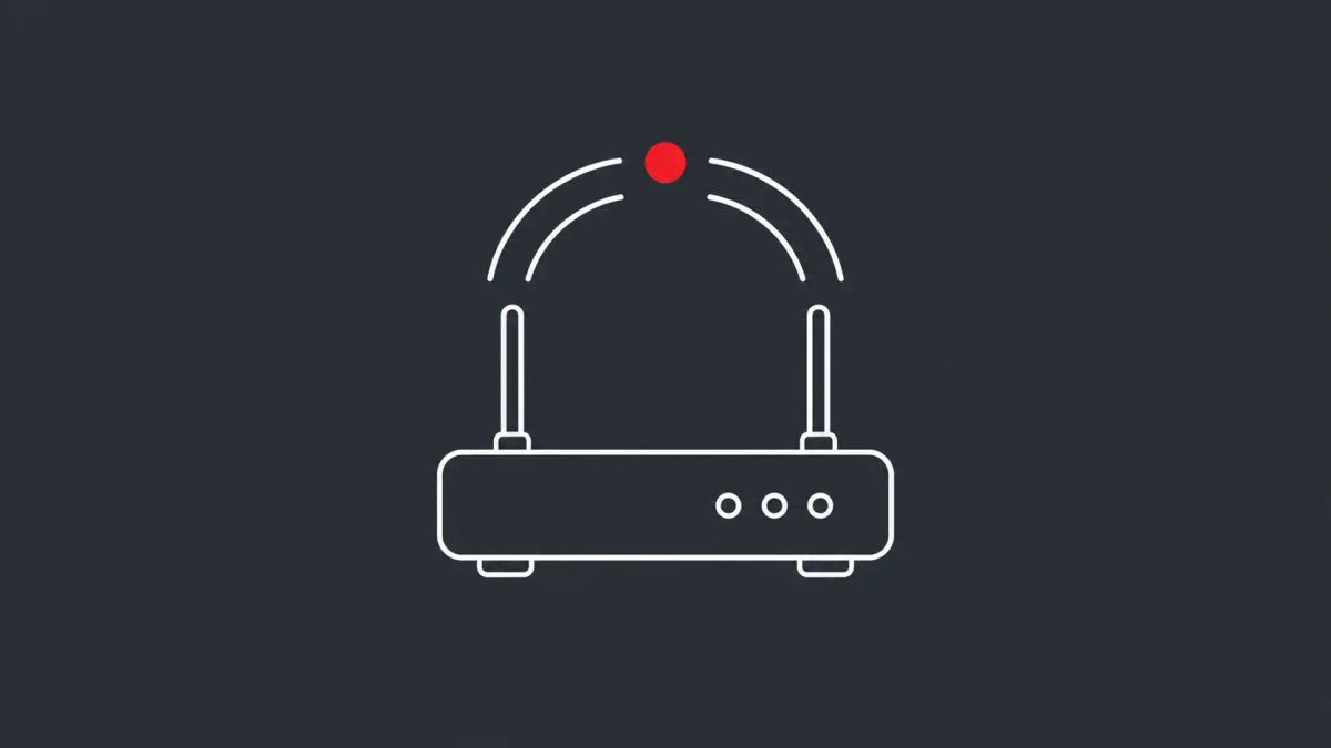 Line-art illustration of a glitched Luxembourg map with a fractured network signal and a question-marked Huawei router, on slate-gray background with one red dot accent.