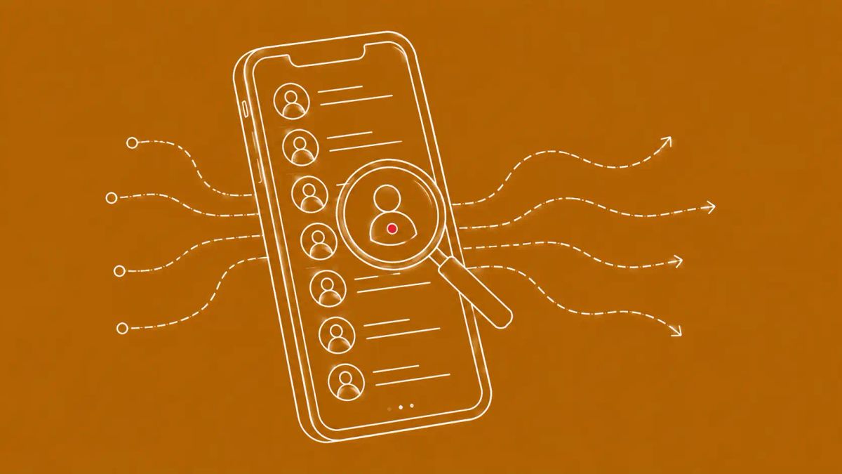 White line art on deep ochre: a smartphone with a long list visible, magnifying glass over one entry, dashed connection lines. Red dot as the scan target.