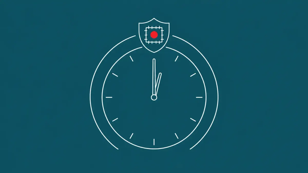 Line-art analog clock framed by a 12-hour arc, a small shield motif perched at the 12-position holding a red dot.