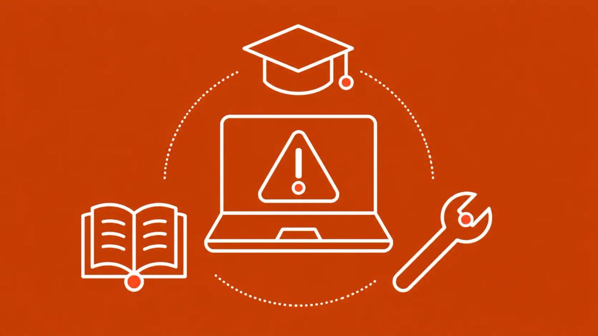 Burnt orange background with a central white laptop showing a warning triangle, surrounded by a graduation cap, an open book, and a wrench. Red-orange dots mark each focal point.