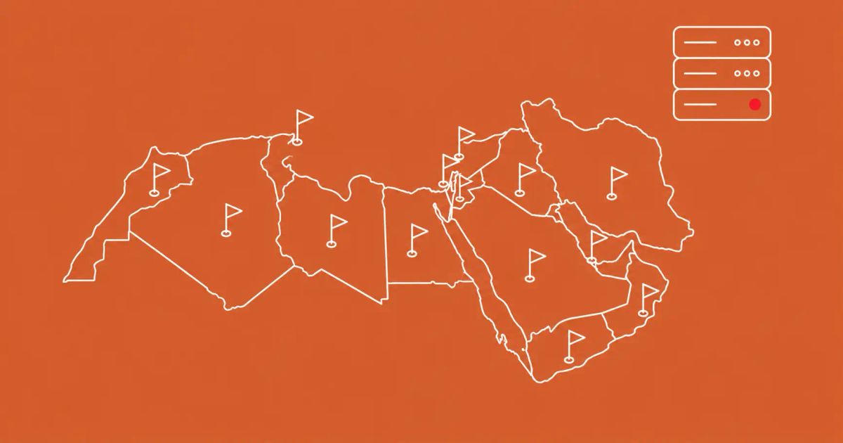 White line-art of the MENA region with thirteen flag pins and a seized server stack on a terracotta background, with one red dot accent.