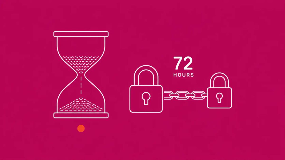 Minimalist white line art on hot magenta: an hourglass with sand draining beside two padlocks linked by a chain, with '72 HOURS' floating above.