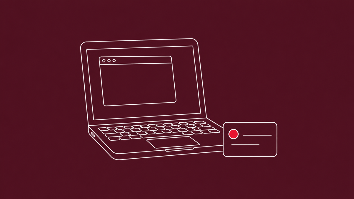 Line-art laptop with a small macOS-style window outline open on its screen and a small business-card icon resting beside it; the business card carries a single flat red dot.