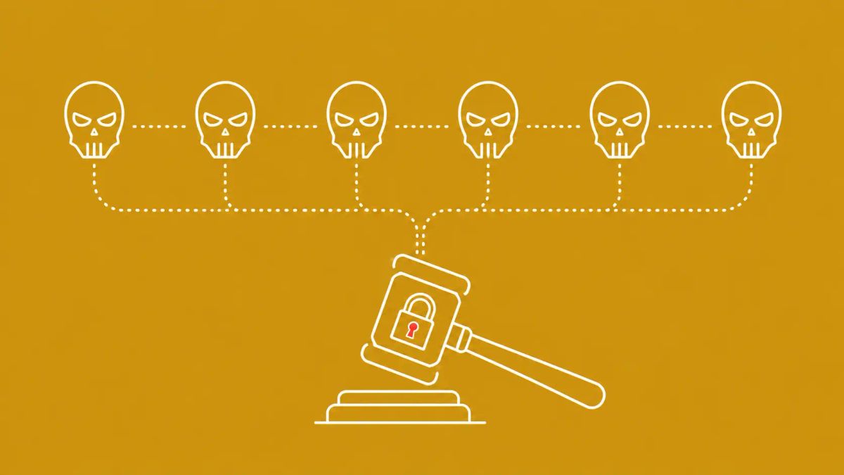 Minimalist white line art on rich gold showing six skeletal masks linked by a dotted chain, all converging on a single gavel; a closed padlock sits on the gavel head with a red accent dot.