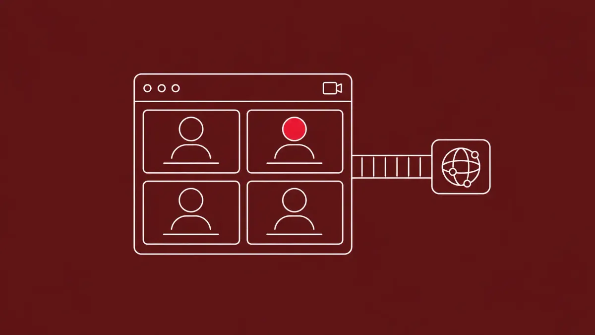 Line-art video-meeting window with four small participant tiles and a thin tunnel connecting it to a separate node; one participant tile carries a red dot.