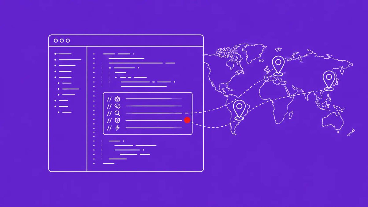 Line art on violet: a backdoor code window with emoji-marked comments, three target pins on Brazil, Germany, South Korea. Red dot accent on the AI-generated comment block.
