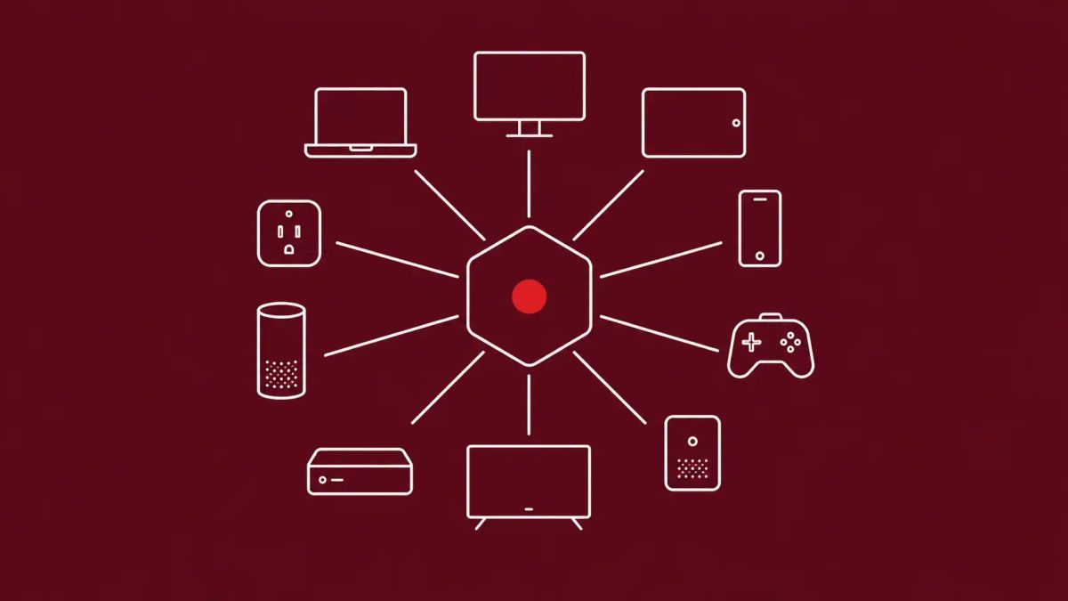 Line-art grid of small TV-box icons, their lines converging on a central hub node that connects to a pair of handcuffs; the hub carries a red dot.