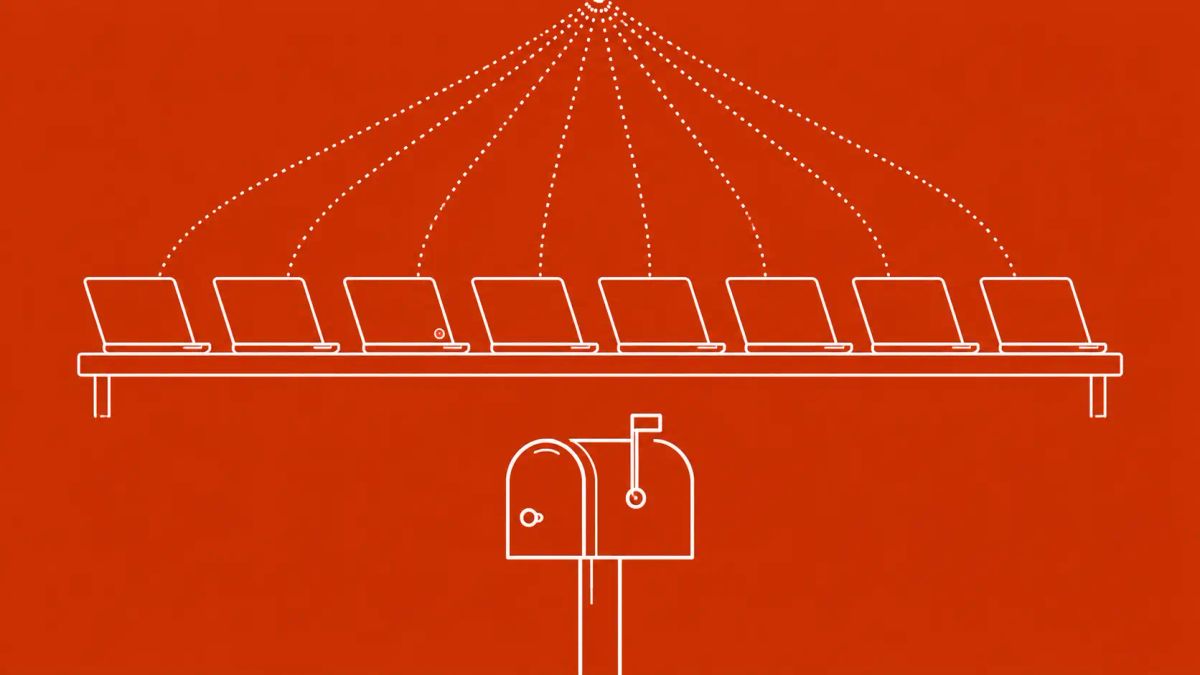 Minimalist white line art on burnt red-orange: eight laptops on a shelf rack, each emitting a dotted line that converges off-frame; a residential mailbox sits below with one red accent dot.
