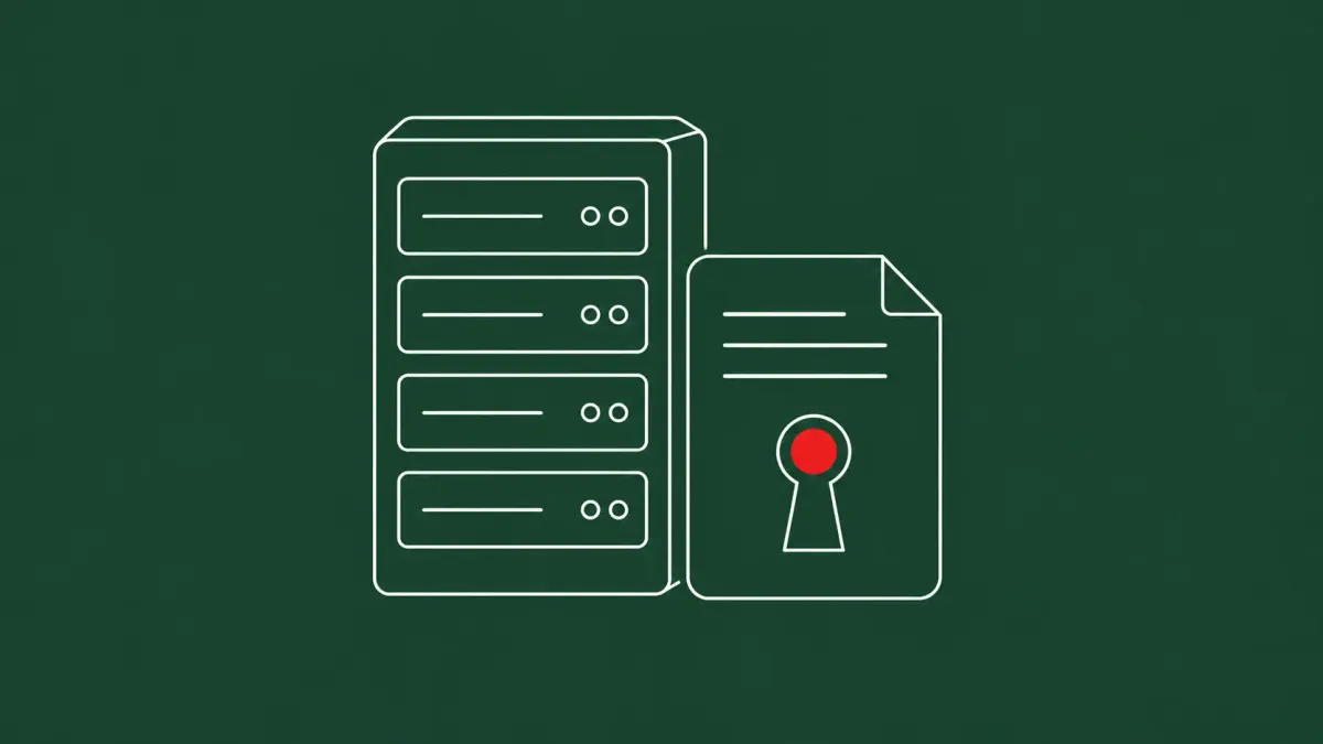 Line-art server rack beside an open configuration card with a keyhole at its center; the red dot sits inside the keyhole as the focal point.