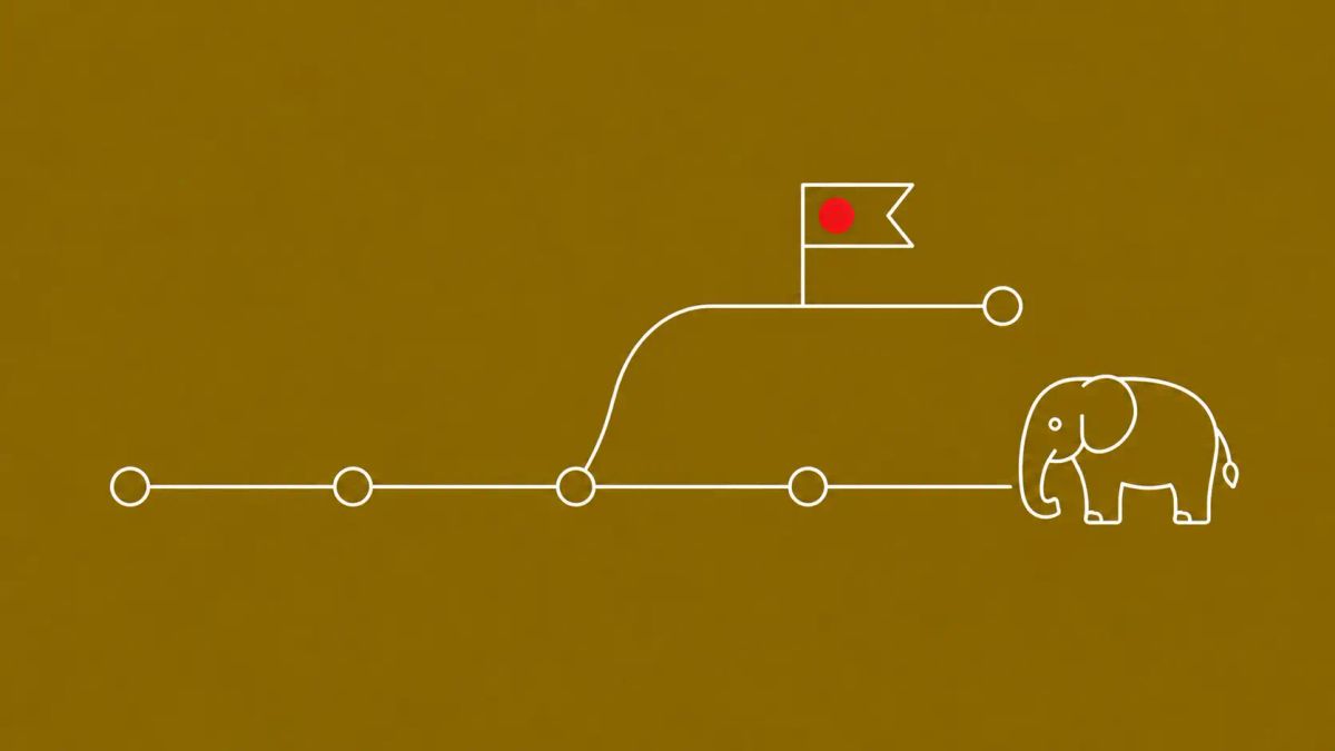 Line-art git branch graph with commit nodes and a fork curving off; a version-tag pennant sits on the fork and carries a single red dot, beside a small PHP elephant icon.