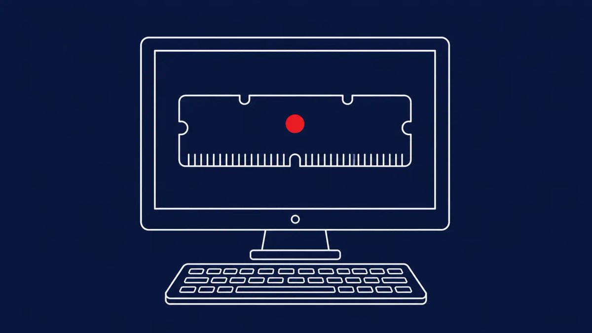 Line-art desktop computer with a large RAM memory chip drawn inside the monitor's screen; the memory chip carries a single flat red dot at its center.