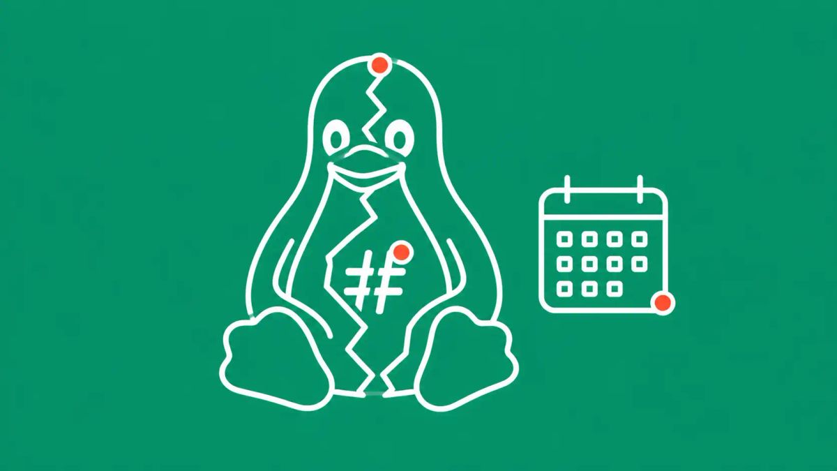 An abstract Linux penguin cracked down the center with a root symbol emerging and a 2017 calendar beside it. White line art on fresh emerald background with red-orange accent dots.