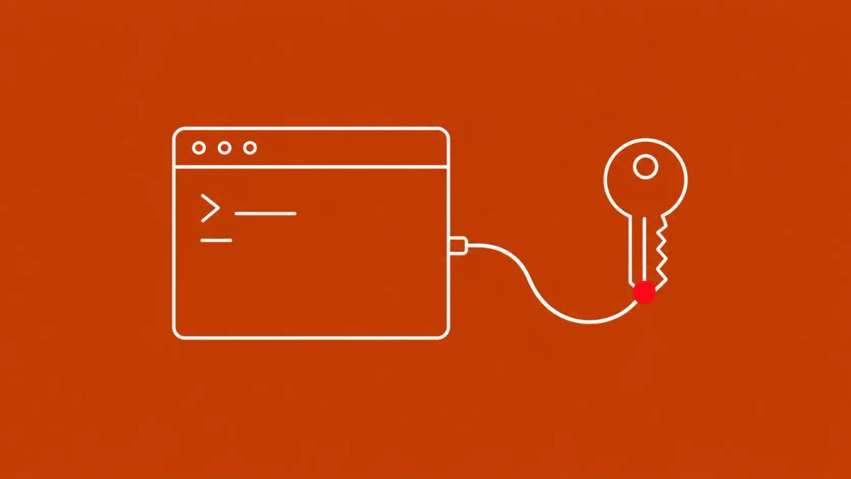 Line-art illustration of a single key set on a bold diagonal on a deep petrol-blue background, with one flat red dot accent.