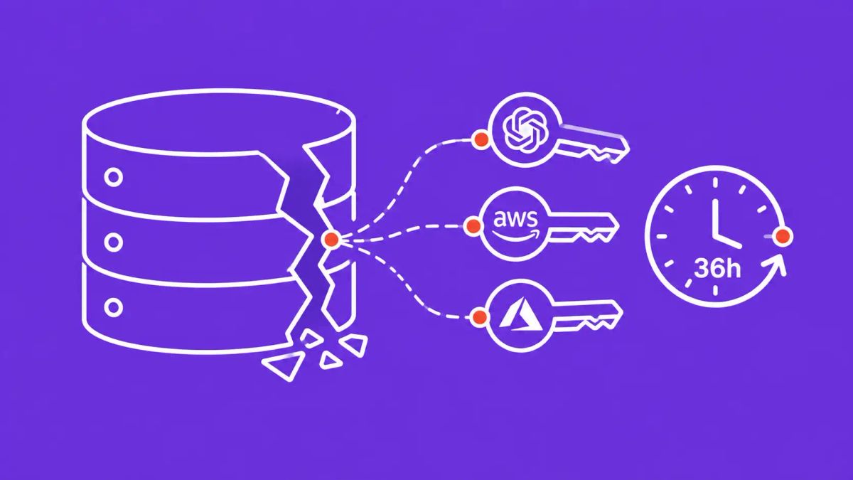A cracked database cylinder with API key icons streaming out and a 36h clock beside it. White line art on deep violet background with red-orange accent dots at the crack and key points.