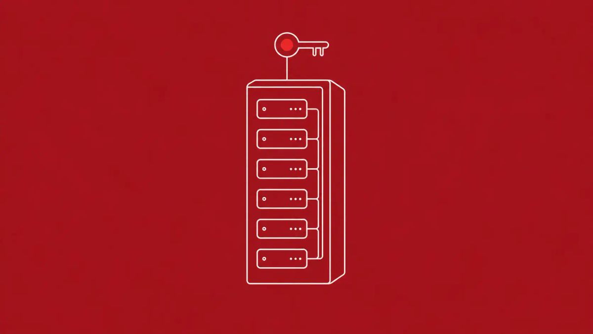 Line-art server unit split into six small tenant cells; a thin line runs from one cell up to a key icon at the top, which carries a single red dot.