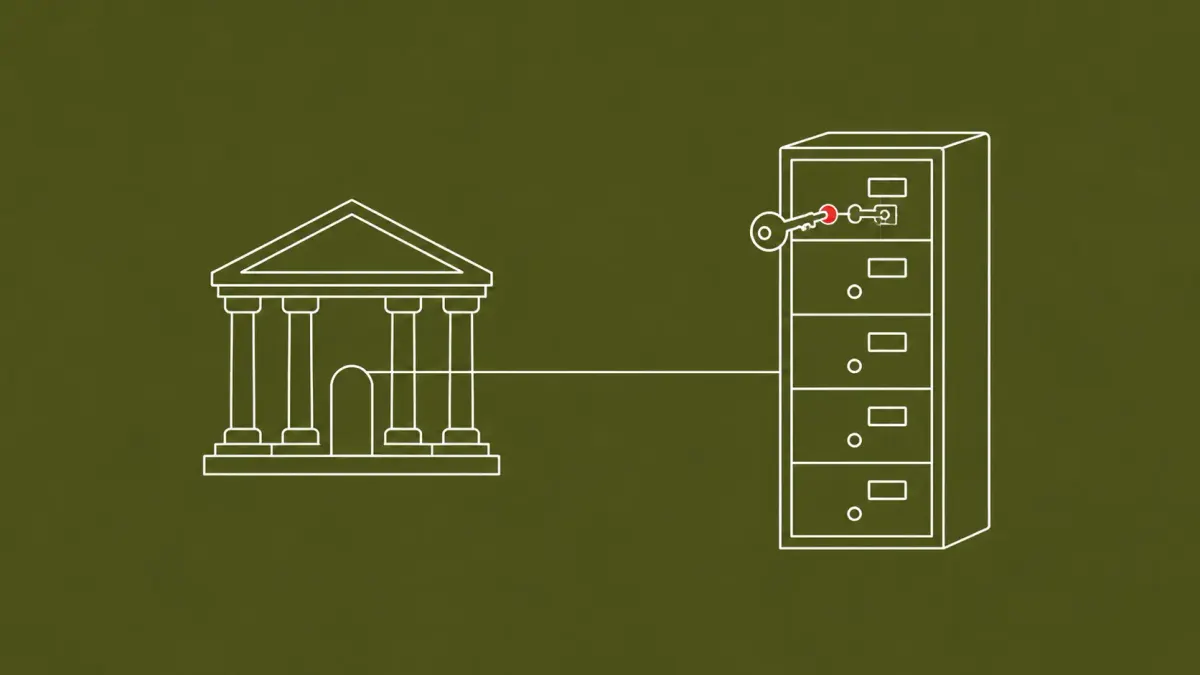 Line-art Lithuanian government building beside a tall filing cabinet, a small key drawn between them carrying a red dot at the cabinet's lock.