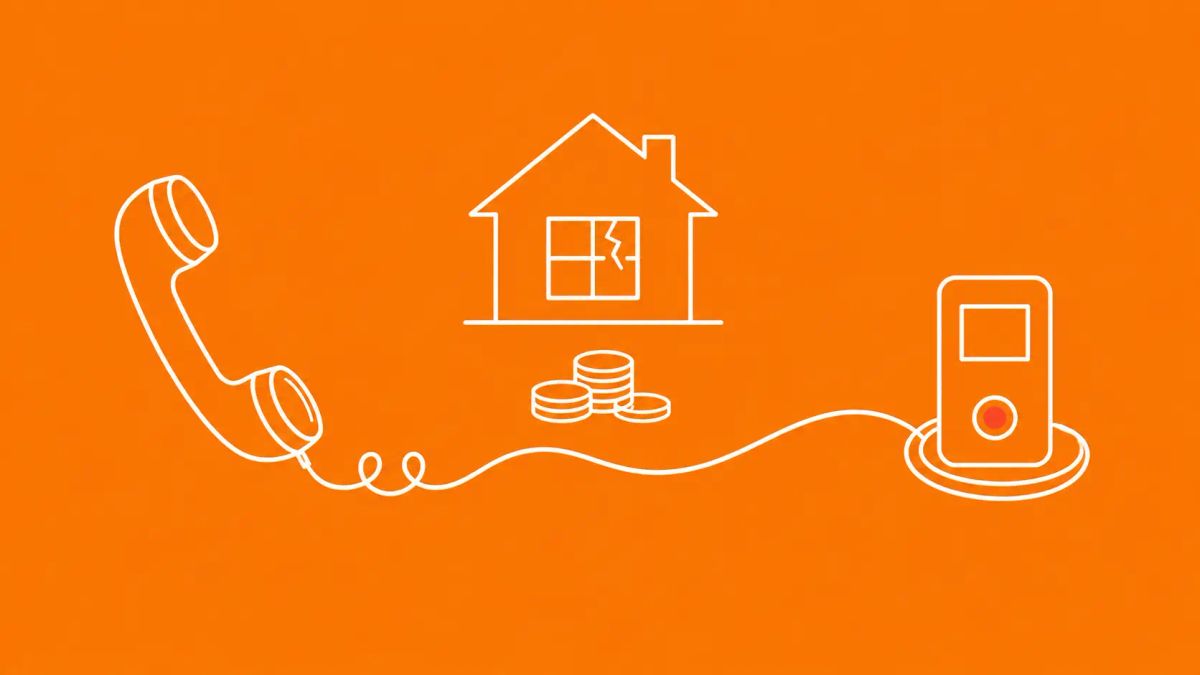 Minimalist white line art on gold-amber: a telephone handset with its cord stretching across the frame to loop around a hardware wallet, with a house silhouette and coin pile mid-frame.
