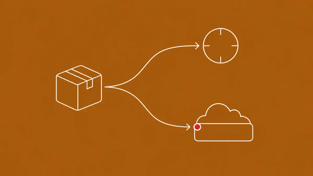 Line-art split path: a package-box source with two arrows, one to a private-internal circle, one to a public-registry shelf; red dot on the public branch.